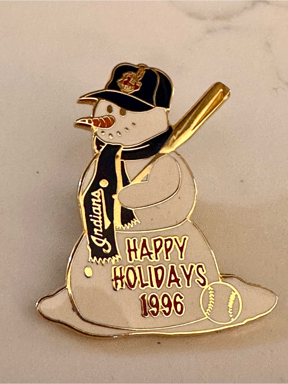 Happy Holidays 1996 Indians Snowman Pin - Gold, Black, White